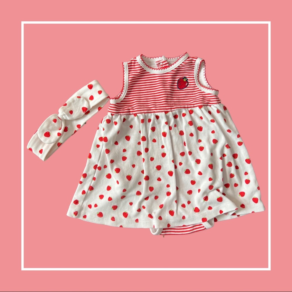 Strawberry Striped Onesie Dress w/ Headband—9m